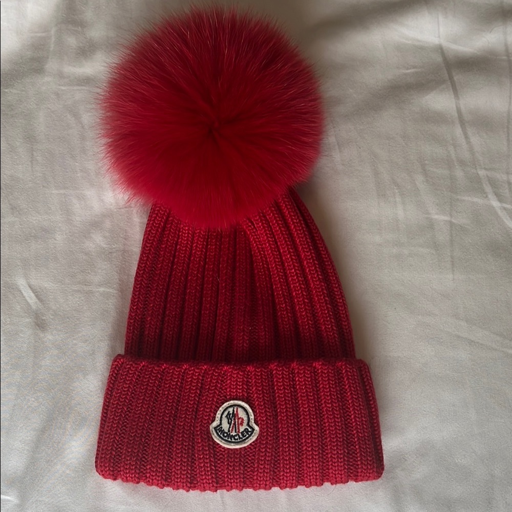 Moncler Red Ribbed Knit Beanie with Pom Pom